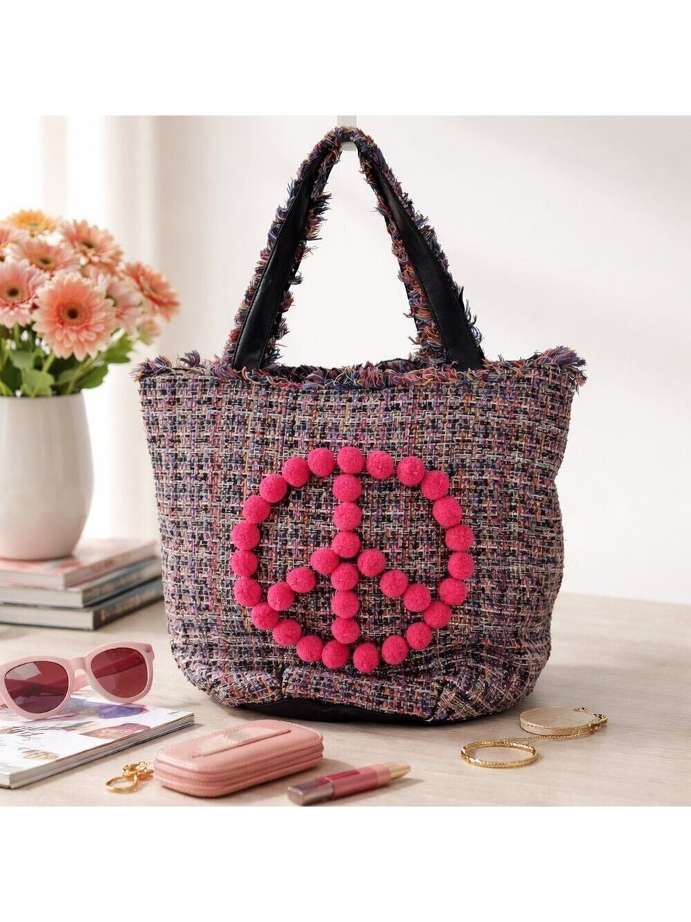 Circus by Sam Edelman Tweed Tote Bag Pom Pom Peace Sign